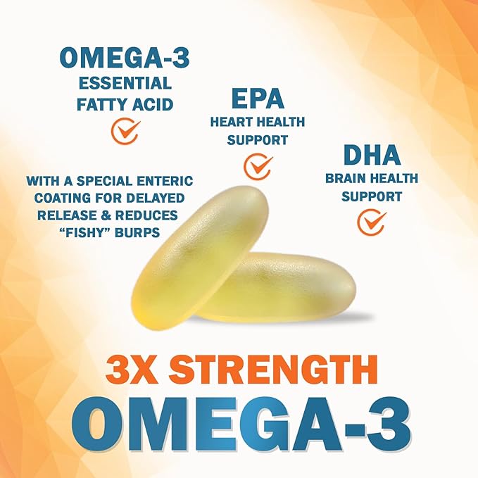 Omega 3 Fish Oil Supplements - 2400mg Fish Oil Per Serving - Triple Strength Omega-3 with EPA &amp DHA Fatty Acids - Natural Heart Brain &amp Immune Support - Wild Caught Bottled in USA - 180 Soft