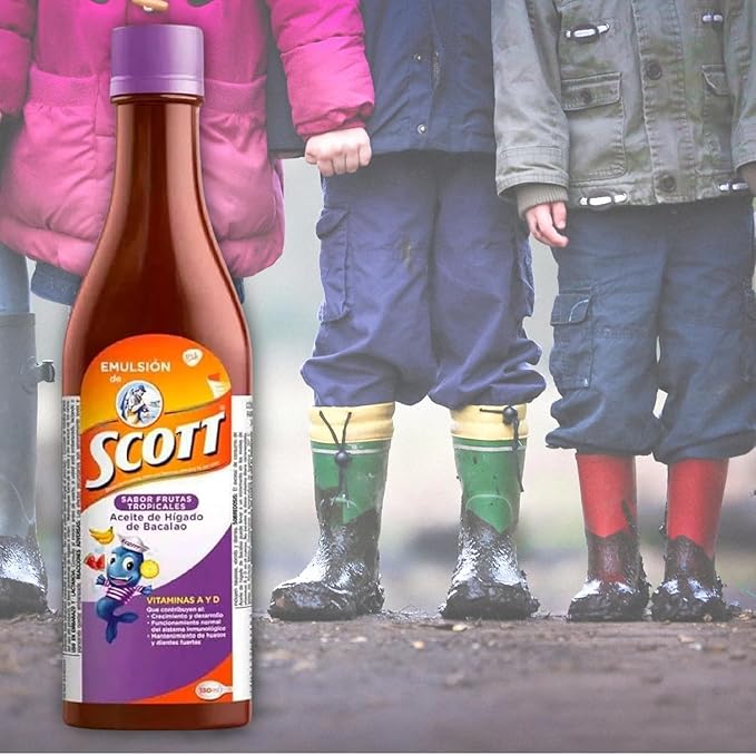 Emulsion de Scott Aceite de hígado de bacalao sabor Frutas Tropicales Pack de 2 de 6.1 fl oz - 180 ml - Suplemento dietético para niños con vitamina A y Calcio