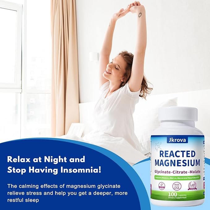 Reacted Magnesium &amp Potassium - High Absorption Magnesium Supplement with Magnesium Citrate Glycinate Malate - Supports Sleep Muscles Heart Health - 100 Capsules