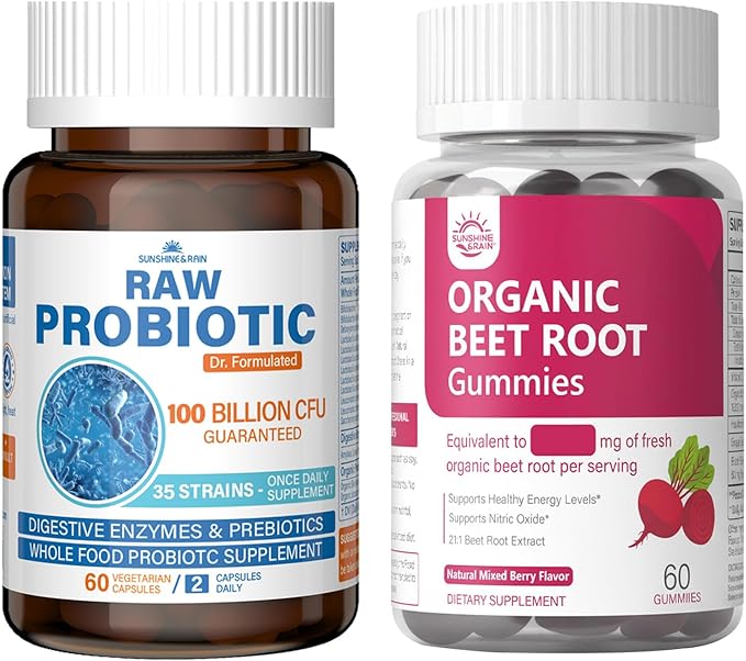 Raw Probiotics 100 Billion CFU + Organic Beet Root Nitric Oxide Gummies | Digestive Circulation &amp Everyday Energy Support