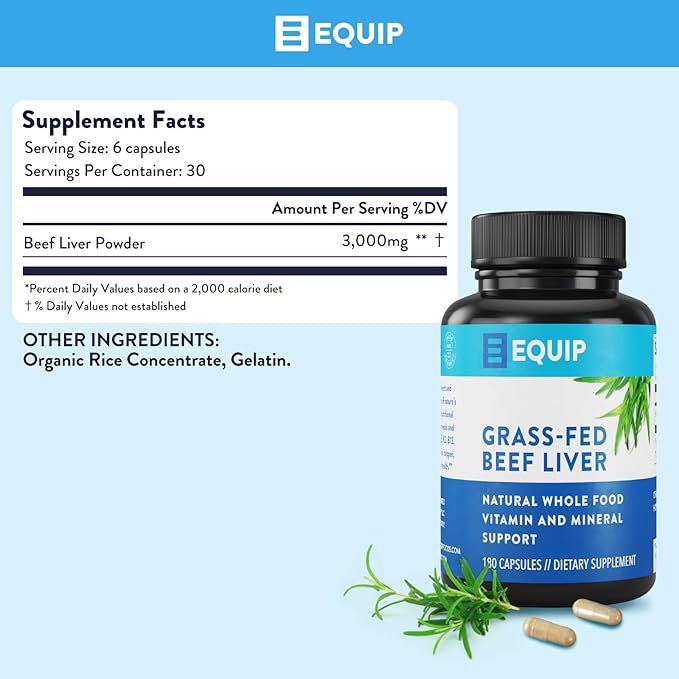 Equip Foods Grass-Fed Beef Liver | Natural Desiccated Beef Liver Supplement | Support Heart Health Brain Function Digestion Metabolism Immunity Detoxification | 180 Capsules 30 Servings