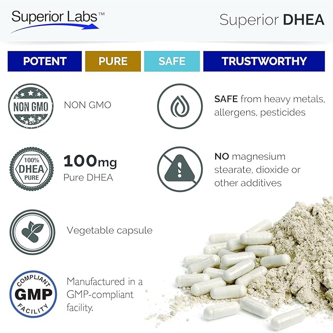 Superior Labs – Extra Strength Natural DHEA – Non-GMO 100 mg Dose 60 Vegetable Capsules – Promotes Healthy Aging in Men &amp Women – Helps Restores Youthful Energy Levels (Pack of 2)