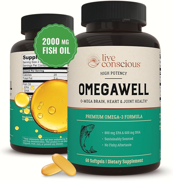 Live Conscious OmegaWell Omega 3 Fish Oil - 2000mg Capsules: Heart Brain &amp Joint Support - 800 mg EPA 600 mg DHA - Sustainably Sourced - Softgels - 30 Day Supply