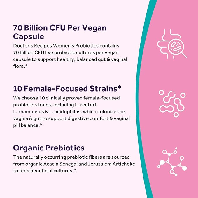 Doctor's Recipes Women's Probiotics Bundle Feminine Health and GI Support No Gluten Pro 50 Billion (60 Capsules) &amp 70 Billion (30 Capsules)