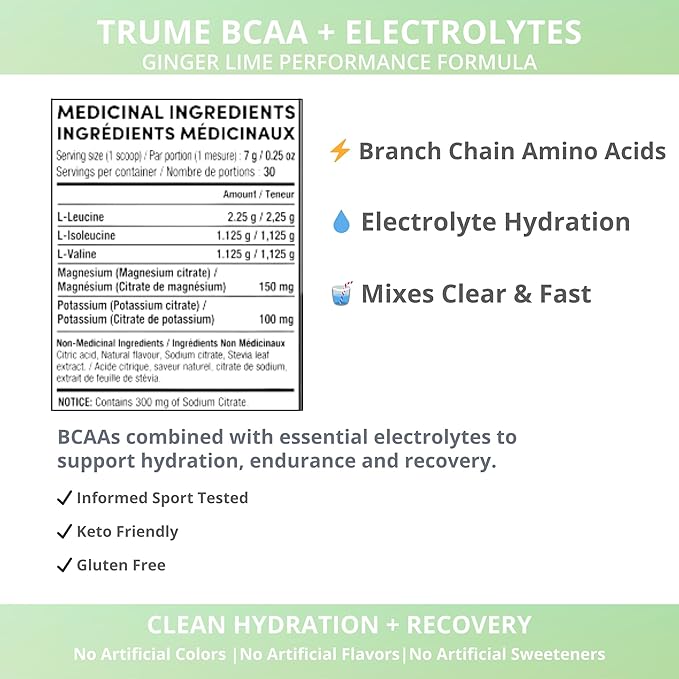 TruMe Informed Sport Certified BCAA - Ginger Lime Banned Substance Tested Amino Acids | Pre Post Workout Recovery | 30 Servings