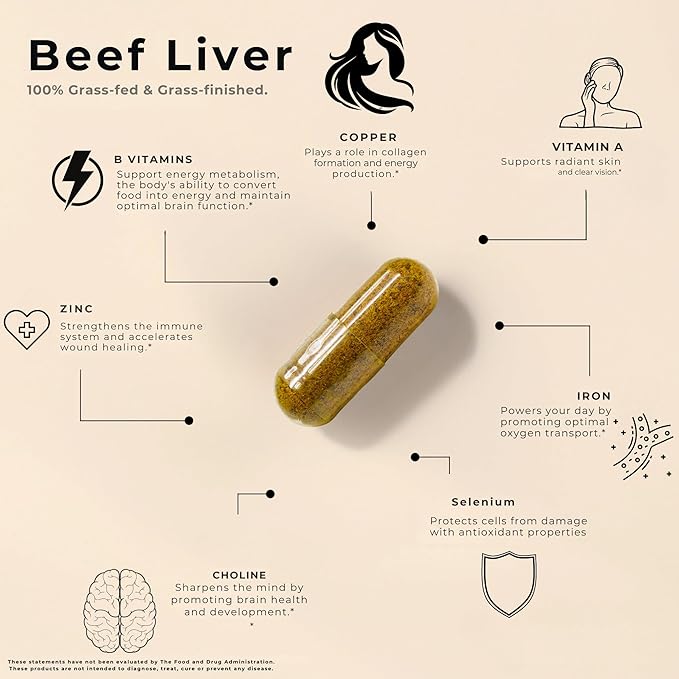 Grass Fed Beef Liver Capsules for Women and Men – 3000mg Freeze Dried Desiccated Organs – Nutrient Source for Joints Bones Hair Skin Nails &amp Daily Energy – 120 Pasture-Raised Capsules