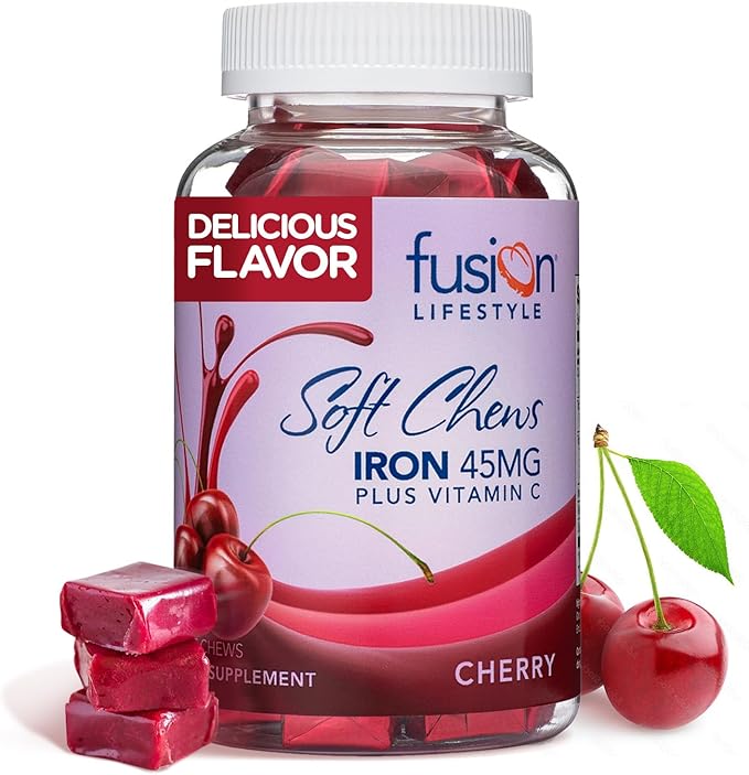 Chewable Iron Supplement for Women &amp Men - Cherry Flavor Iron Vitamin C Soft Chew for Max Absorption Iron as Ferrous Fumarate Ideal for Anemia and Iron Deficiency 2 Month Supply