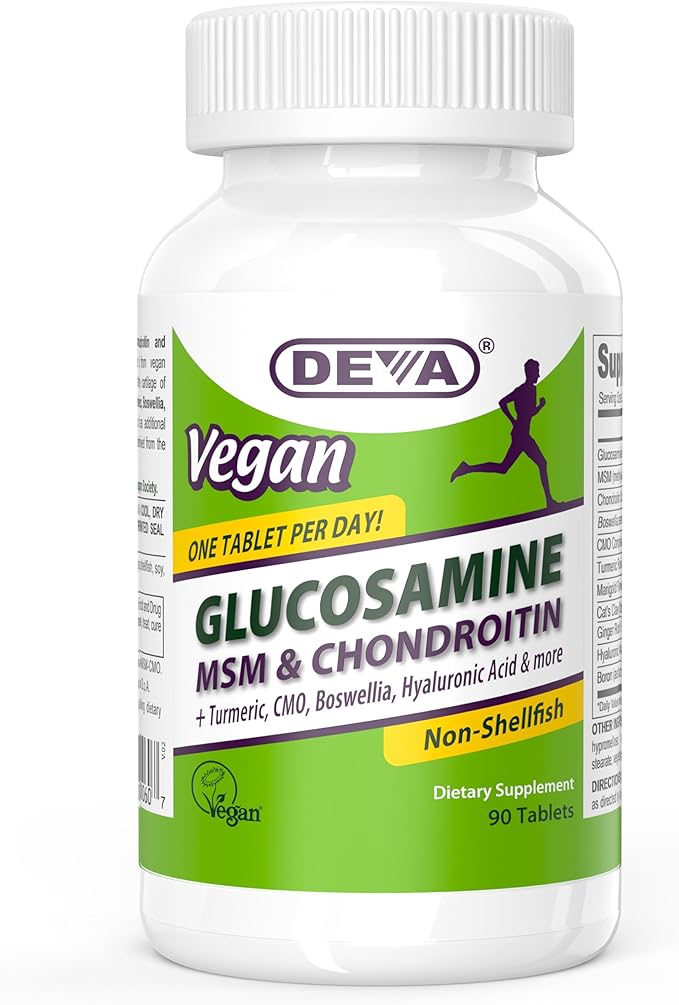 DEVA Vegan Glucosamine MSM &amp Chondroitin + Turmeric CMO Boswellia Hyaluronic Acid &amp More Improved Non-Animal Formula 90 Tablets