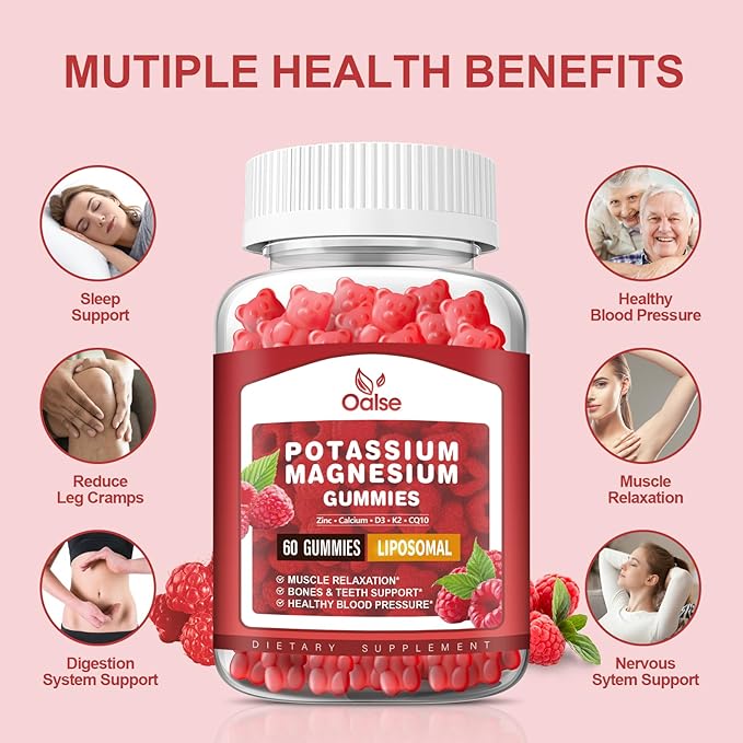 (2 Pack) Potassium Magnesium Gummies for Adults Kids High Absorption Potassium Citrate 200mg Magnesium Glycinate 400mg Chewable Gummy Supplements for Leg Cramps &amp Muscle Raspberry