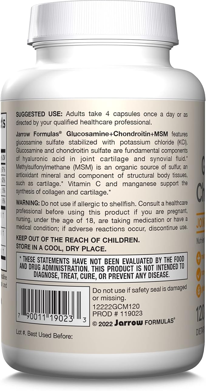 Jarrow Formulas Glucosamine Chondroitin and MSM Capsules Joint Support Supplement with Vitamin C and Manganese Bone &amp Joint Health 120 Capsules 30 Day Supply