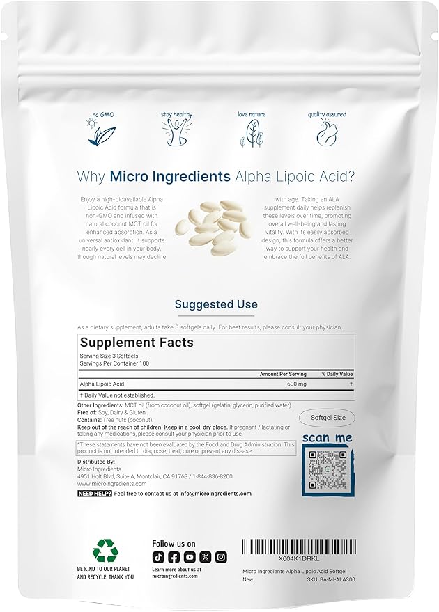 Micro Ingredients Alpha Lipoic Acid 600mg with MCT Oil 300 Softgels | ALA Supplement for Liver Antioxidants Nerve Cardiovascular Health Support | Non-GMO Gluten-Free Soy-Free