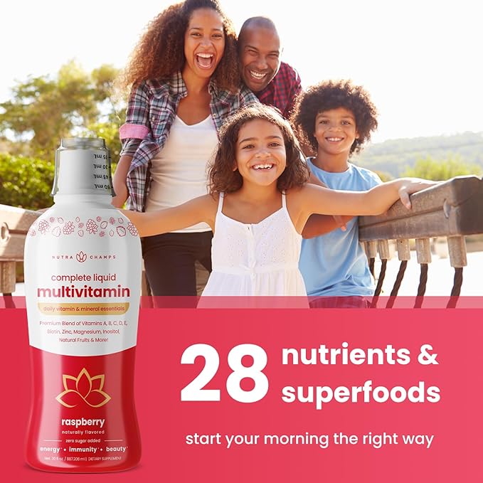 NutraChamps Complete Liquid Multivitamins | No Added Sugar | Vitamins for Women Men &amp Kids | Vegan Liquid Vitamin Multimineral Supplement | Energy Immunity &amp Beauty