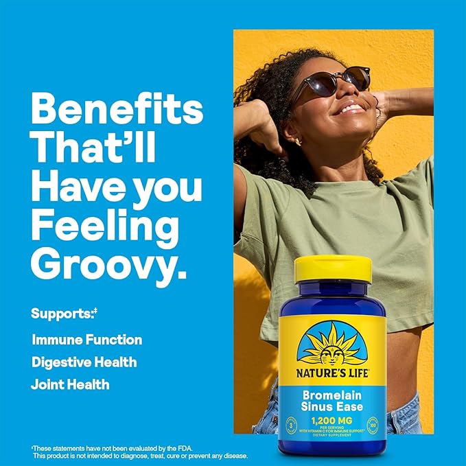 Nature's Life Bromelain Sinus Ease 1200mg - Immune Support Supplement w/Vitamin C Plus Quercetin - Immune Health Digestive Health and Joint Support Supplement - Vegan 60-Day Guarantee 33 Servings