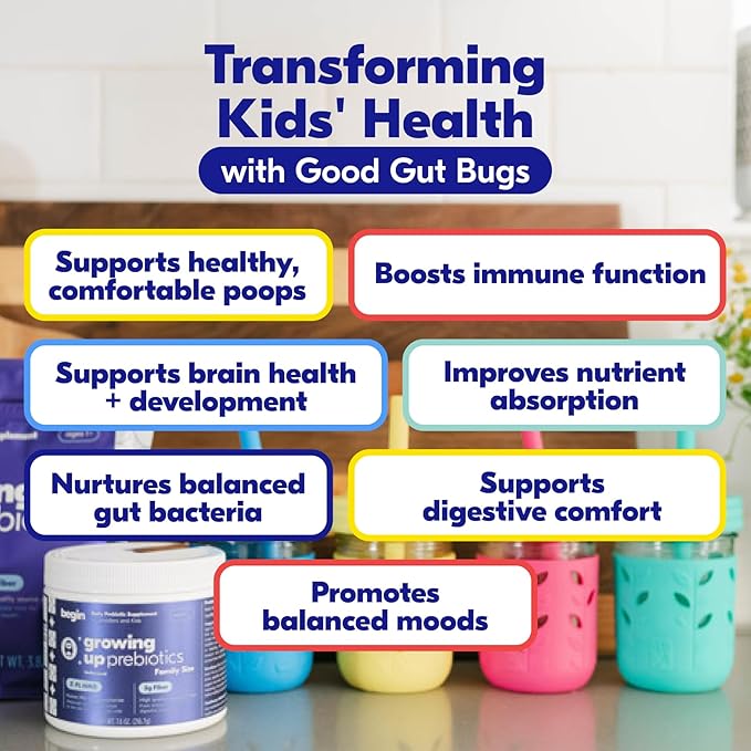 Begin Health Growing Up Prebiotics for Kids | Daily Prebiotic Fiber Supplement with 2'-FL HMO | Supports Regularity &amp Gut Health | Unflavored Powder | Ages 1+ | 56 Servings