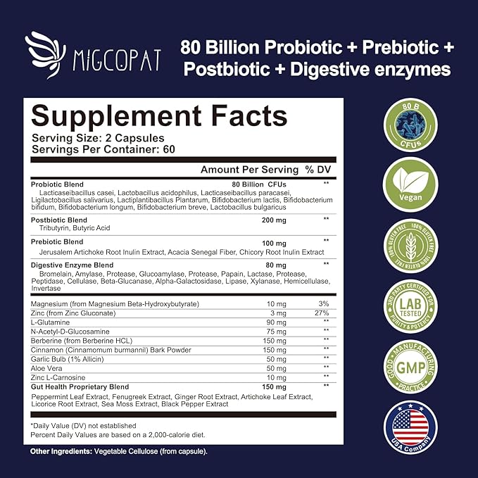 Migcopat Probiotic Prebiotic Postbiotic &amp Digestive Enzymes for Digestive Health 80 Billion CFU Probiotics Complete Gut Support with Berberine Cinnamon L-Glutamine for Men &amp Women 120 Ca