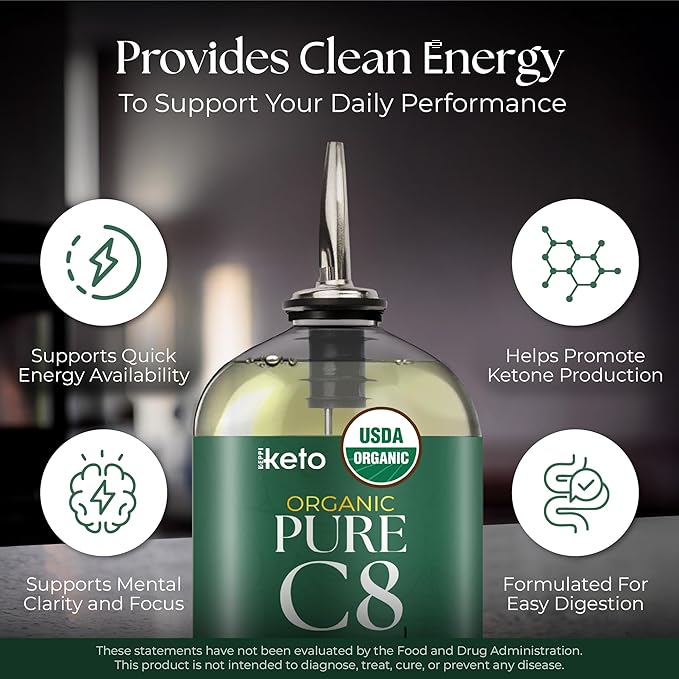 Keppi Keto Organic MCT Oil - Flavorless C8 Non-GMO Certified Gluten-Free Palm Oil Free Vegan Kosher Halal 32 oz Coconut Oil