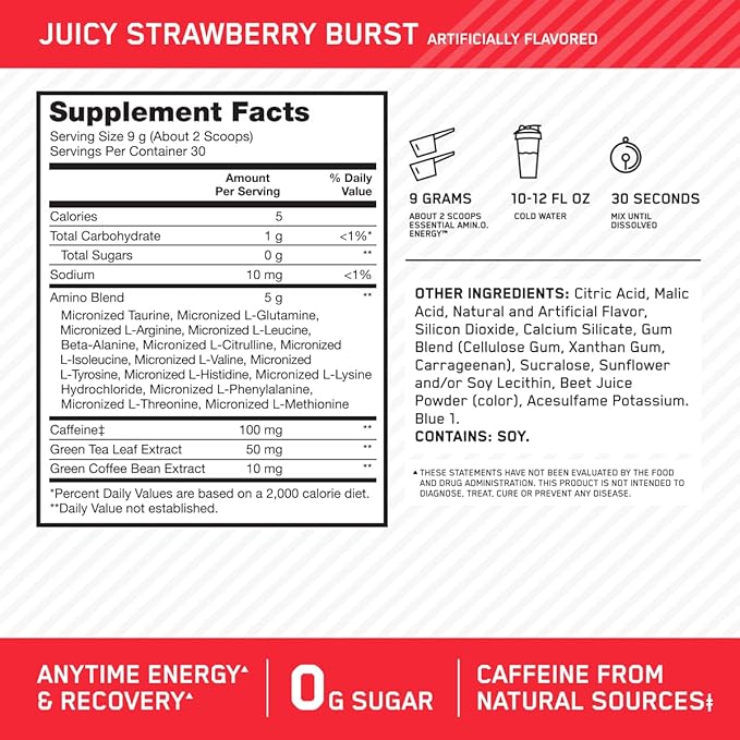 Optimum Nutrition Amino Energy-Pre Workout with Green TeaBCAAAmino AcidsKeto FriendlyGreen Coffee ExtractEnergy Powder-Juicy Strawberry Burst9.5Ounce30 Servings(Pack of 6)(Packaging May Vary)