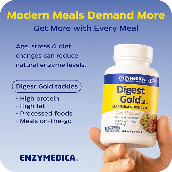 Enzymedica Digest Gold + ATPro Maximum Strength Enzyme Formula Prevents Bloating and Gas 14 Key Enzymes Including Amylase Protease Lipase and Lactase 240 Capsules