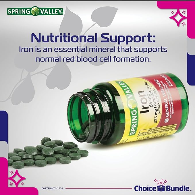 Spring Valley Iron 65 mg Tablets Ferrous Sulfate Value Size 200 Ct 2 Pk (400 Total) + Vitamin Vitality &amp Pill Container (4 Items)!