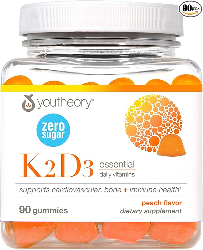 Youtheory K2D3 - Immune Bone &amp Heart Health Support - Combines Vitamin D3 &amp Vitamin K2 - Dairy Soy &amp Gluten Free - 90 Vegetarian Capsules