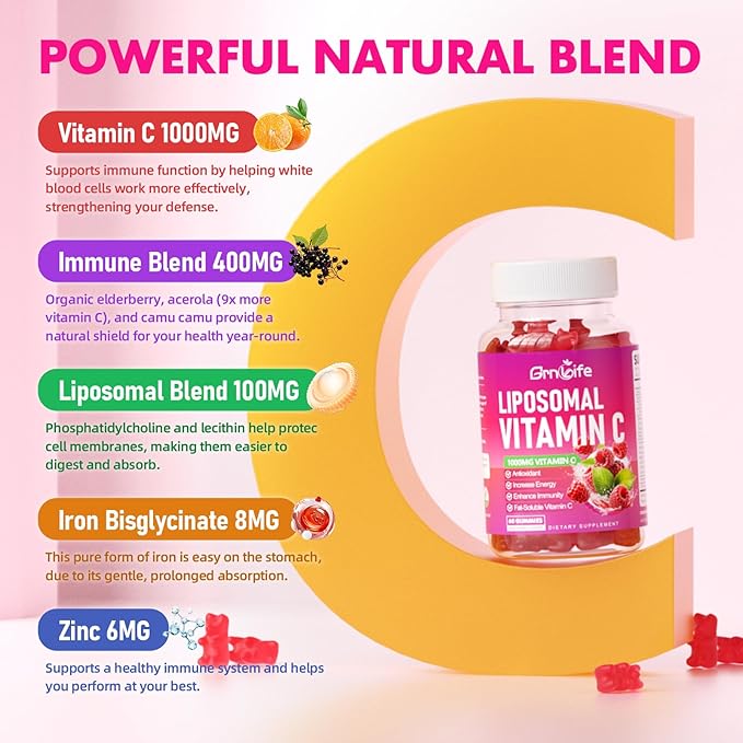 2 Pack Liposomal Vitamin C 1000mg Gummies for Adults Kids 1500mg Chewable Vitamin C w/Iron Zinc &amp Elderberry - Immune Support &amp Energy Collagen Booster Raspberry 120 Count