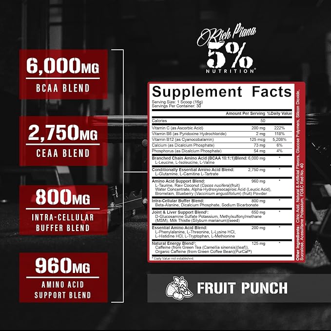 5% Nutrition Rich Piana AllDayYouMay Caffeinated BCAA Energy Powder | Premium Pre Workout Amino Energy &amp Electrolytes | Hydration Endurance &amp Recovery | 16.08 oz 25 Servings (Fruit Punch)