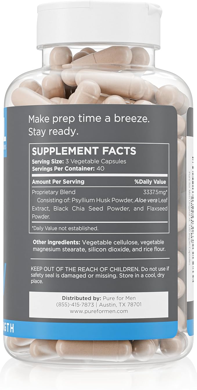 Pure for Men Stay Ready Fiber Extra Strength Supplement | Digestive Regularity | Bowel Movement &amp Gut Health Support | Vegan Cleanliness | Proprietary Formula | 120 Vegan XL Capsules