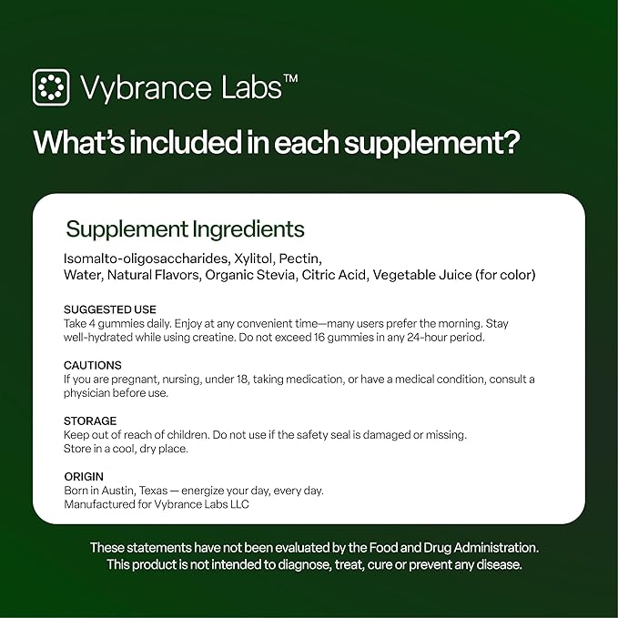 VYBRANCE LABS Creatine Gummies for Women &amp Men — First &amp Only 5g Creatine + Taurine + Vitamin B12 | Vegan Creatine Gummies | Sugar-Free | Sour Green Apple