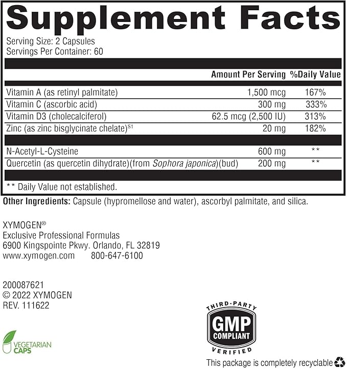 XYMOGEN Immune Essentials Daily - Vitamin C Zinc &amp Quercetin - Daily Immune Antioxidant &amp Respiratory Support - Long-Term Immune Nutrition - Vegan &amp Gluten-Free - 120 Capsules