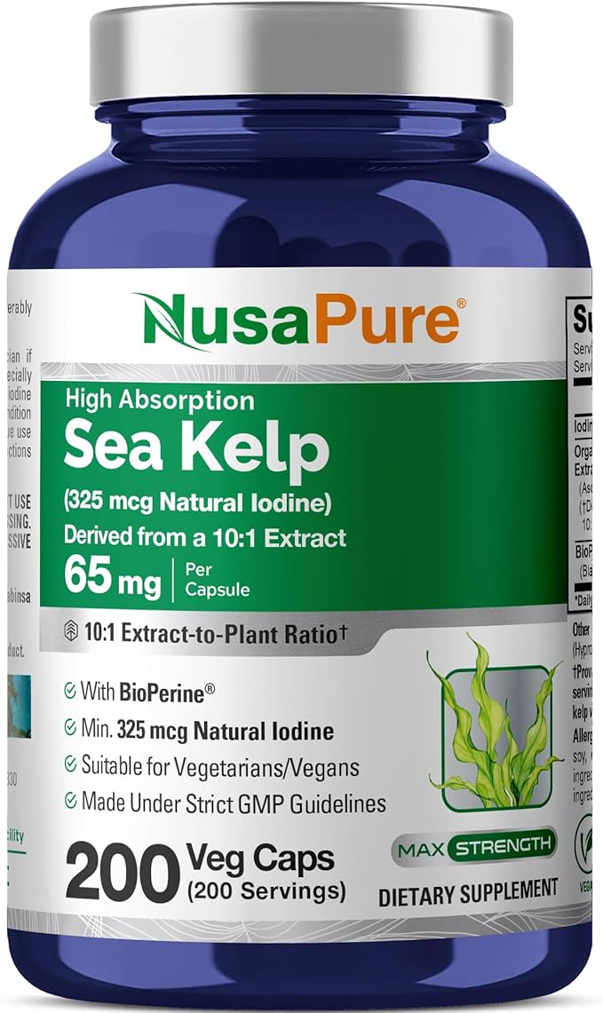 NusaPure Sea Kelp Natural Iodine Capsules 65 mg 200 Veg Capsules (Non-GMO Vegan)