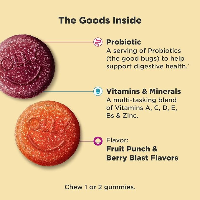 OLLY Kids Multivitamin &amp Probiotic Gummy Digestive Support Vitamins A D C E B Zinc Chewable Supplement Berry Flavor 60 day supply - 120 Count
