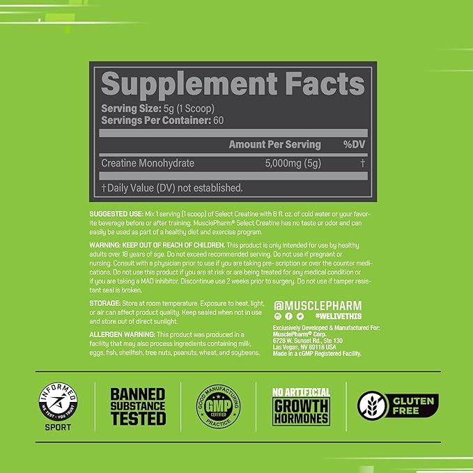 MusclePharm Creatine Monohydrate Powder Pre Workout Muscle Builder &amp Post Workout Muscle Recovery Supplement Ultra-Pure 100% Monohydrate Creatine Powder 60 Servings Unflavored