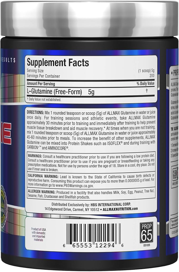 ALLMAX L Glutamine Powder 1000g Fermented L-Glutamine Powder Pure Unflavored Glutamine Supplement for Gut Health Recovery &amp Immune Support Vegan Gluten Free