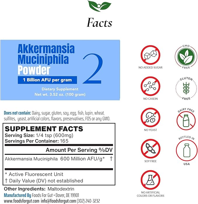 Foods For Gut Akkermansia Muciniphila Powder 1 Billion AFU/g | Direct from Manufacturer | No Third-Party Storage | Digestive &amp Immune Support | (100 Gram)
