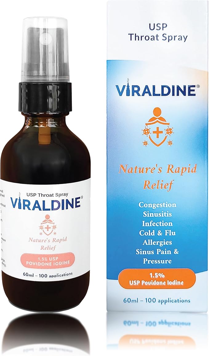 VIRALDINE 1.5% Povidone-Iodine Sore Throat Spray Microplastic-Free Bottle FSA Eligible 60ml