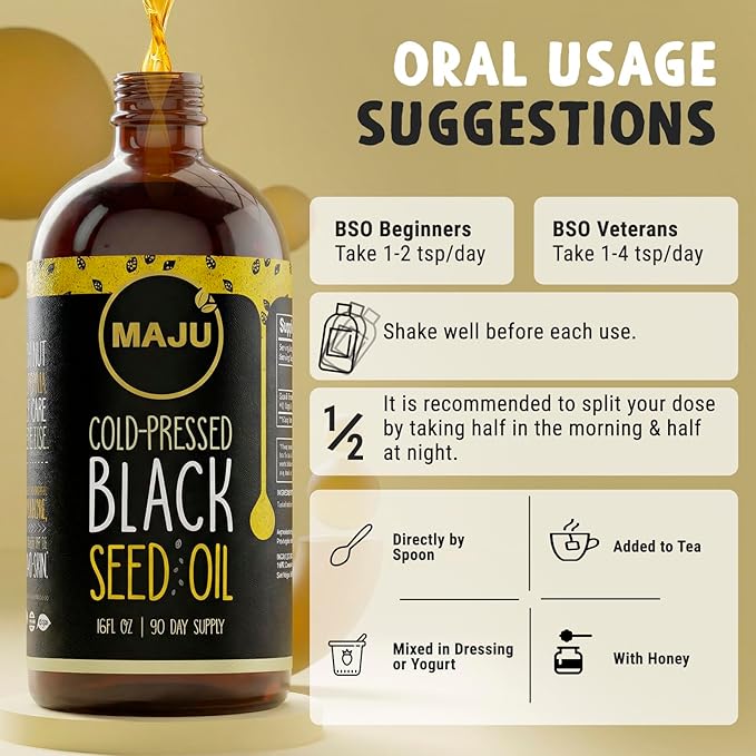 MAJU's Black Seed Oil 16oz: 3X Thymoquinone Cold Pressed 100% Turkish Black Cumin Nigella Sativa Seed Oil (Better Than Organic) Non-GMO 100% Liquid Pure Blackseed Glass Bottle