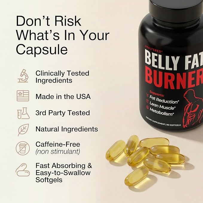 UNALTERED Belly Fat Burner for Men - Natural Weight Loss Pills to Support Reduced Body Fat Preservation of Lean Muscle Mass and a Healthy Metabolism - CLA Dietary Supplement - 90 Softgel Capsules