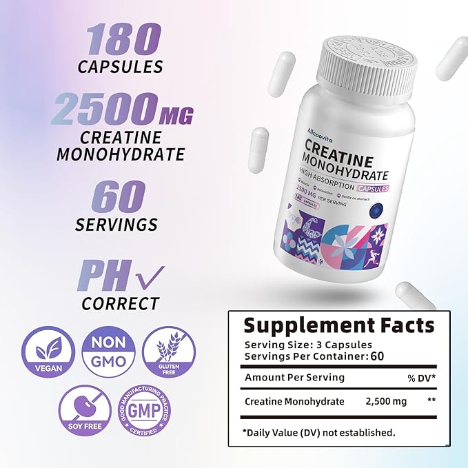 Allcoovita Creatine Monohydrate Capsules -3 Creatine Capsules per Serving 2500mg Gluten Free 180 Capsules