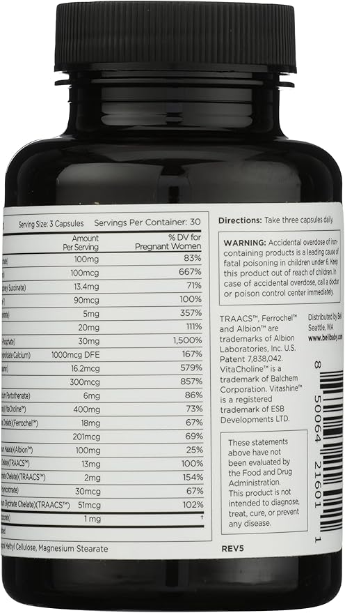 Beli Women Prenatal Multivitamin for All Stages of Pregnancy 400mg Choline Folate Vitamin D. Supports Egg Quality and Fertility Gluten &amp Allergen Free 90 Vegan Capsules (30-Day Supply)