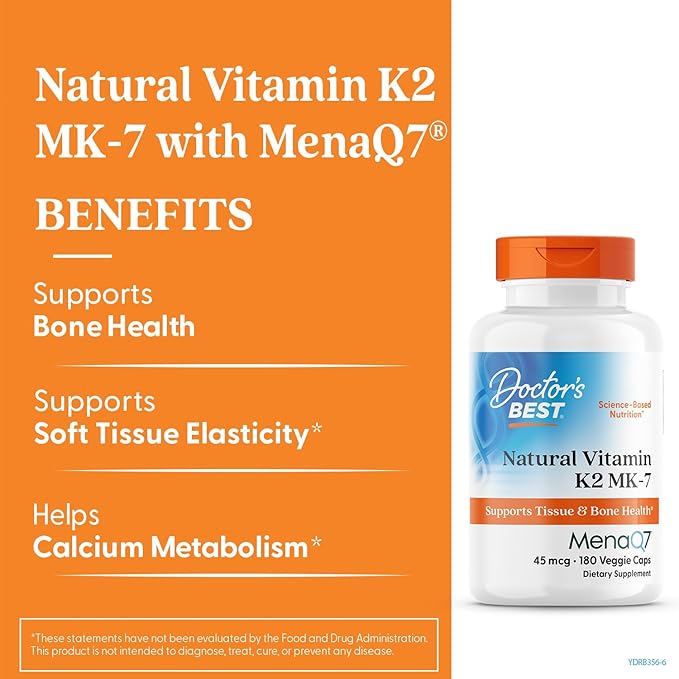 Doctor's Best Natural Vitamin K2 MK7 Supplement for Men &amp Women - Bone Health Support 45 mcg Vitamin K-2 MK-7 Capsules with MenaQ7 Calcium Support Non GMO Vegan - 180 Veg Caps