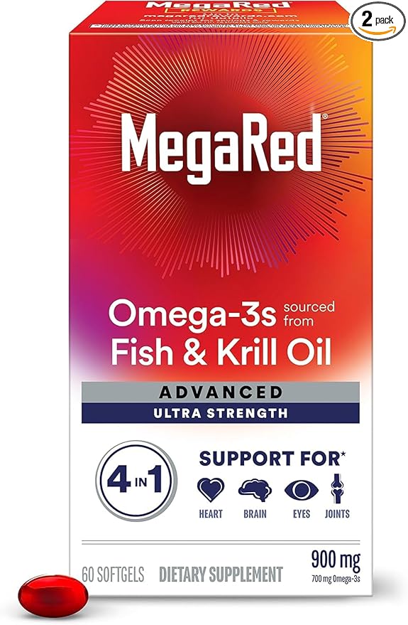 MegaRed Advanced 4in1 900mg 120 softgels Value Pack (2 Bottles x 60 Each) - Concentrated Omega-3 Fish &amp Krill Oil Supplement