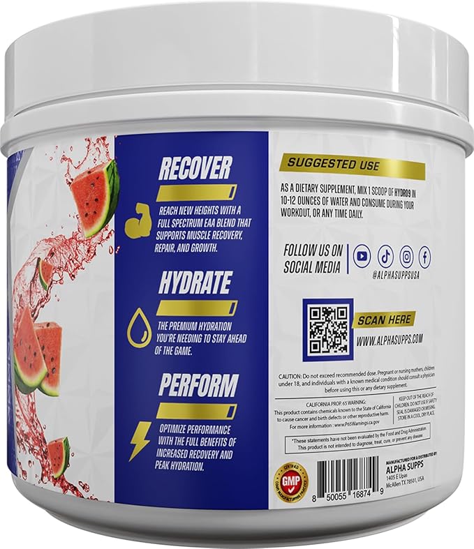 Alpha Supps Hydro 9 Aminos | EAA + Hydration Formula | Essential Amino Acids EAAs Powder with BCAAs &amp Electrolytes 30 Servings - Strawberry Lemonade
