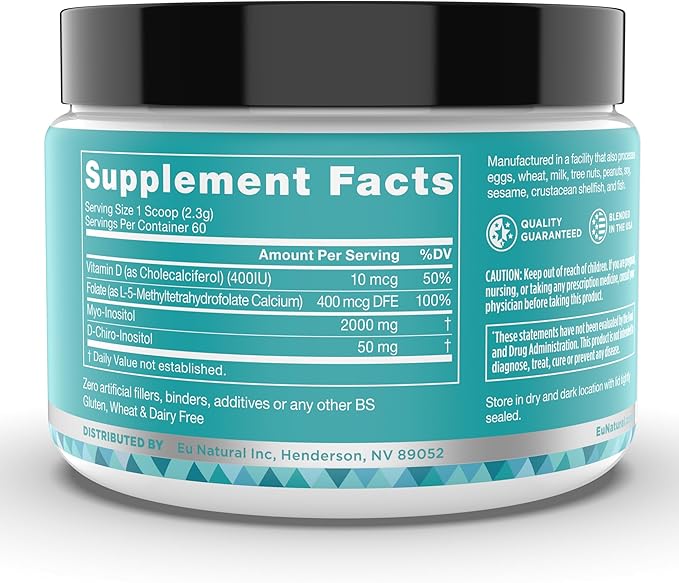 Eu Natural Regulate MAX Myo-Inositol &amp D-Chiro Inositol Supplement Powder for Women with Vitamin D &amp Folate Nutritional Support Hormone Balance &amp Fertility Support Unflavored 60 Servings