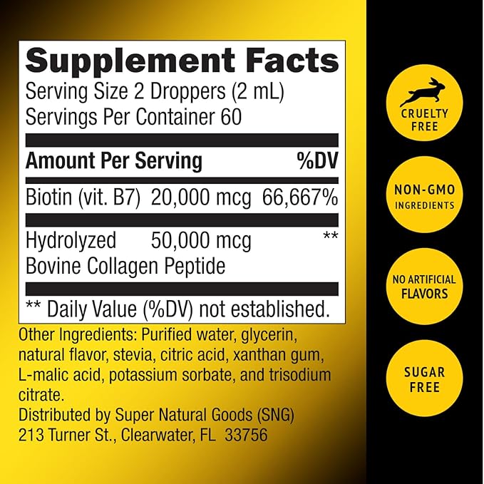 Super Natural Goods Liquid Biotin &amp Collagen 70000mcg Hair Growth Vitamin Drops - Radiant Skin Strong Nail Support - High Potency Hair Loss Supplement for Damaged Strands for Men &amp Women (4