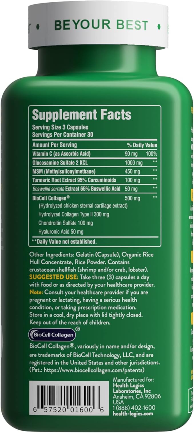 Health Logics Move! Healthy Joints with BioCell Collagen Glucosamine MSM Vitamin C Turmeric Extract 95% Curcuminoids Boswellia Serrata | Support Joint Comfort | Non-GMO | 90 Capsules