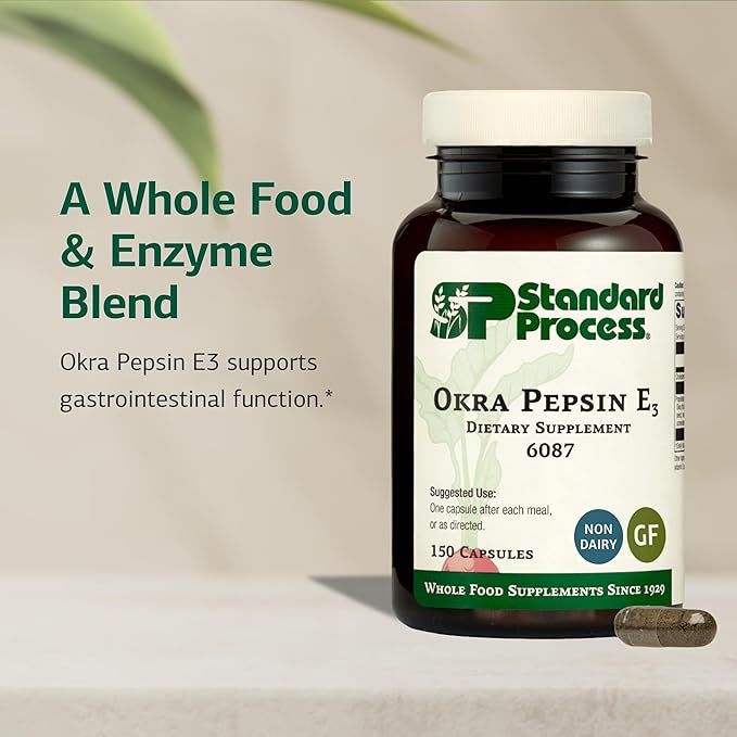 Standard Process Okra Pepsin E3 - Gastrointestinal &amp Gut Health Supplement - Supports Protein Digestion &amp Regular Digestive Function - Gluten-Free Non-Dairy &amp Non-Soy - 150 Capsules