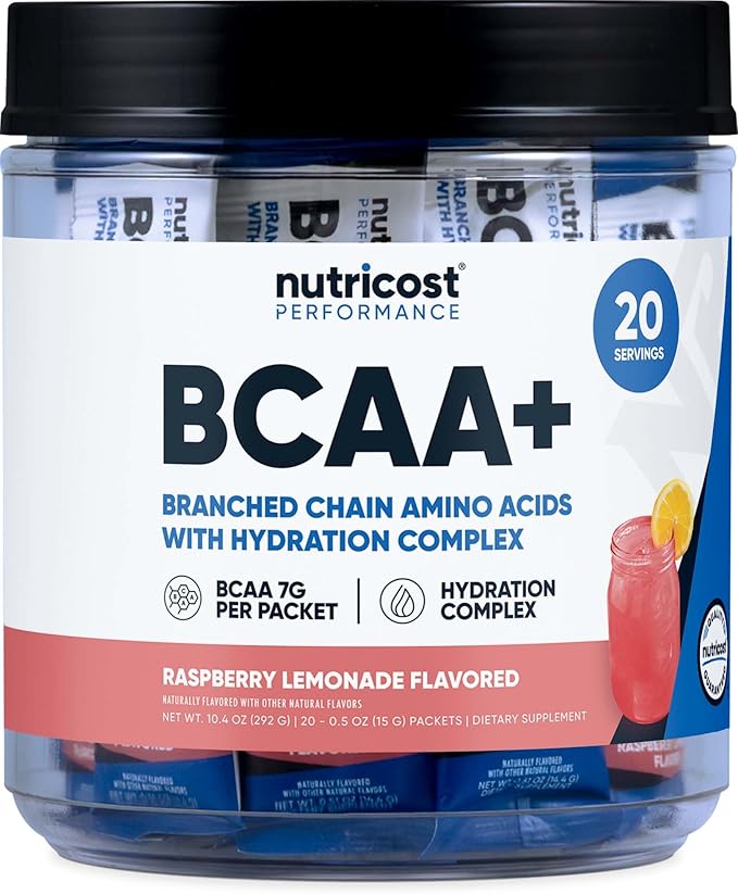 Nutricost BCAA+ Hydration Raspberry Lemonade (20 Stickpacks) - Branched Chain Amino Acids with Hydration Complex - Gluten-Free Non-GMO