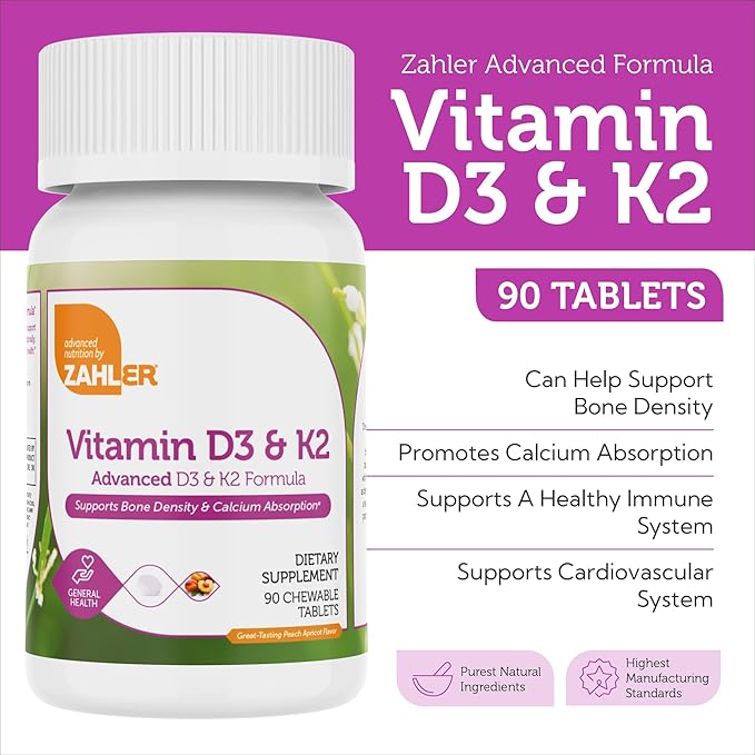 Zahler - Vitamin D3 &amp K2 Chewable Supplement (90 Count) - Certified Kosher K2 D3 Vitamin 5000 IU Delicious Chew Tablet - Vitamin D &amp K2 for Calcium Absorption Bone Density &amp Immune Suppor