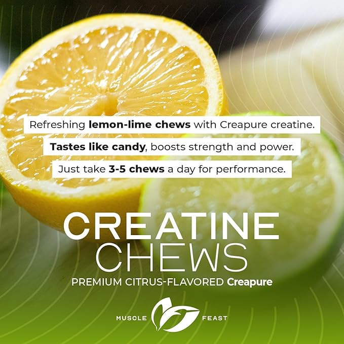 Muscle Feast Creatine Monohydrate Chewables - Vegan &amp Gluten-Free Creapure Creatine Chews for Men &amp Women - Delicious Citrus-Flavored Creatine Tablets for Muscle Building - Lemon Lime 120 Tab