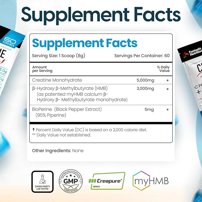 Fantastic Nutrition's Creatine + HMB — Clinically Dosed 5g Creapure German Creatine Monohydrate Plus 3g myHMB for Strength Lean Muscle &amp Recovery — 60 Servings Unflavored